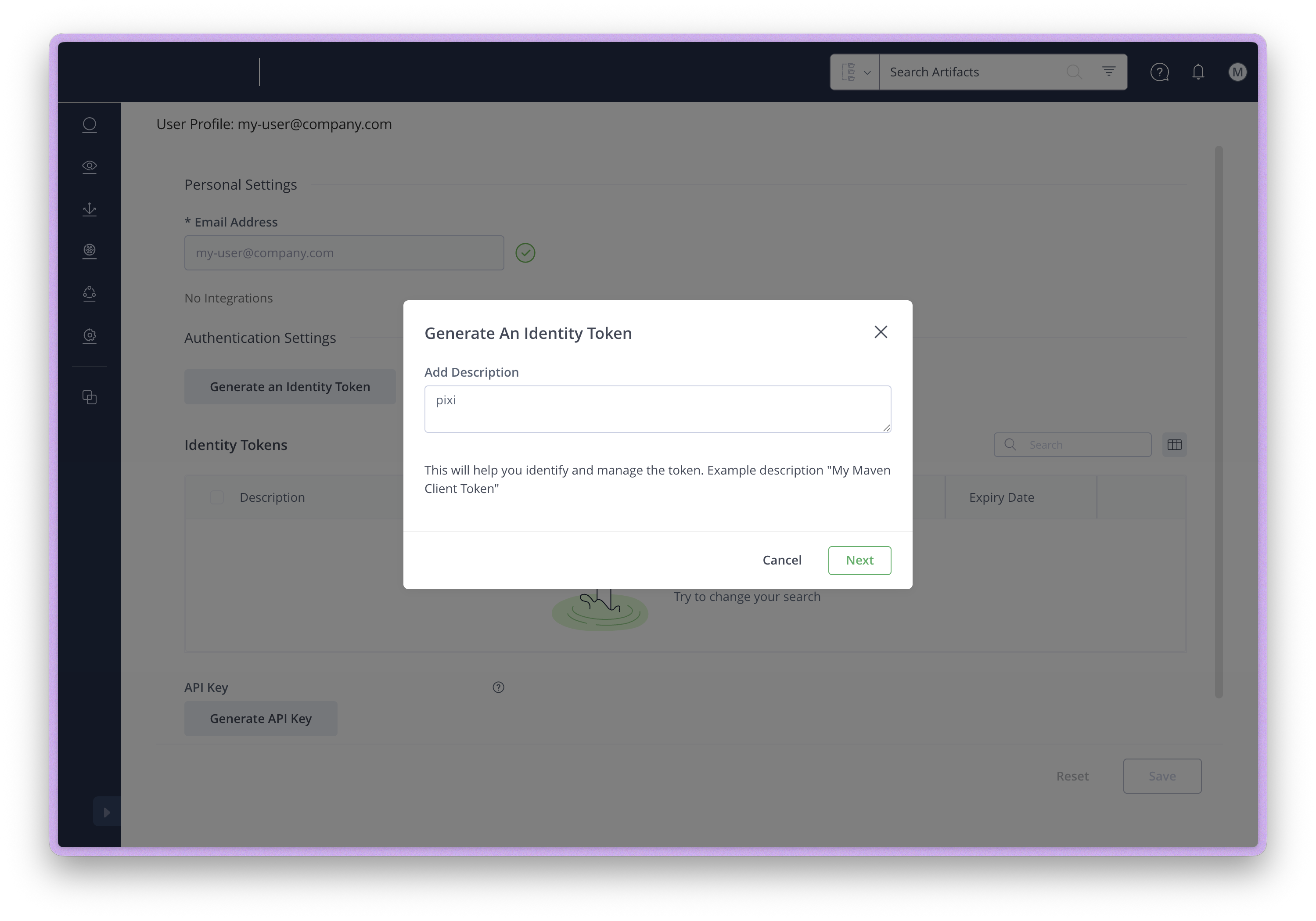 Generate an Identity Token dialog