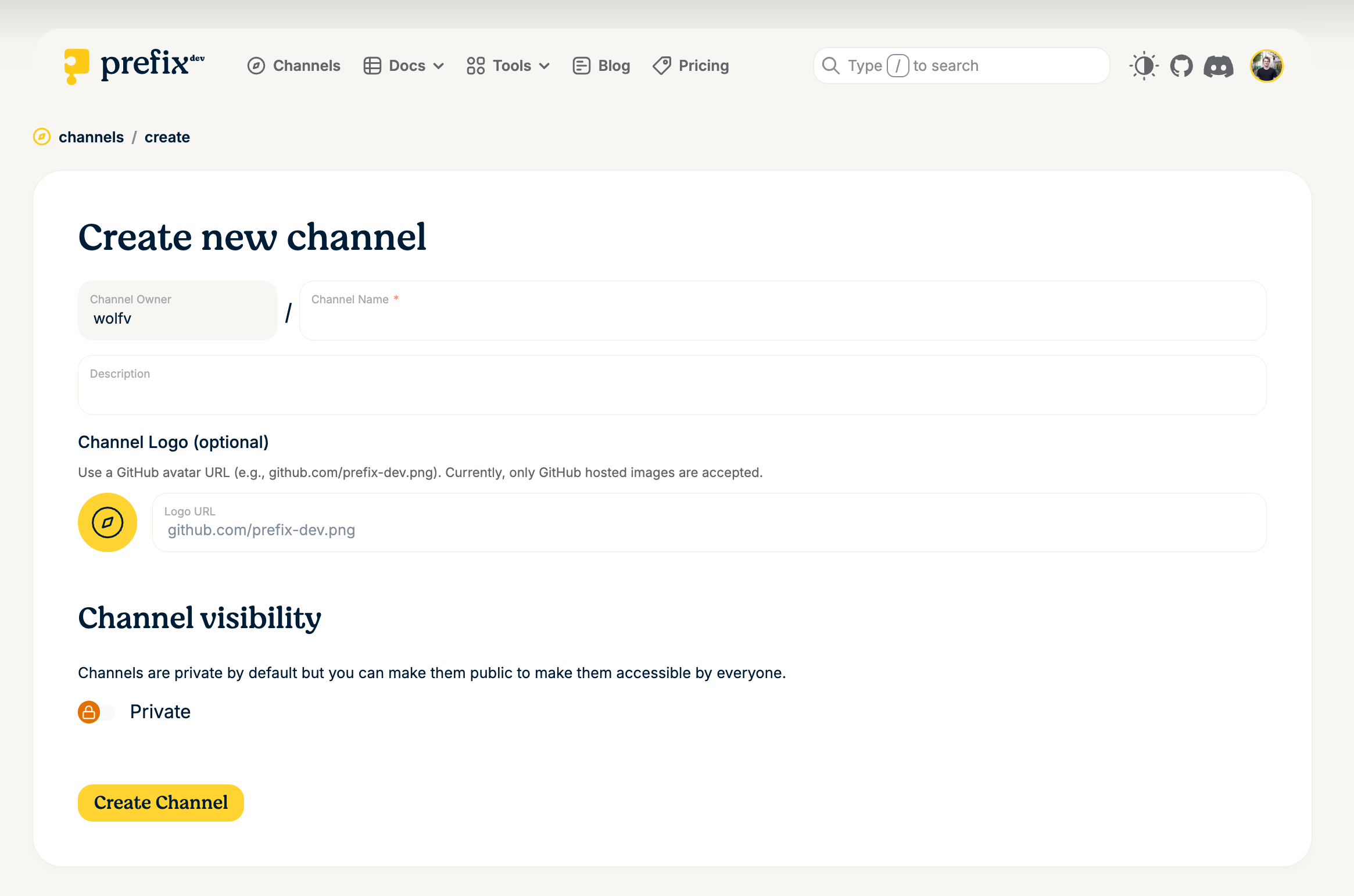 Channel creation form